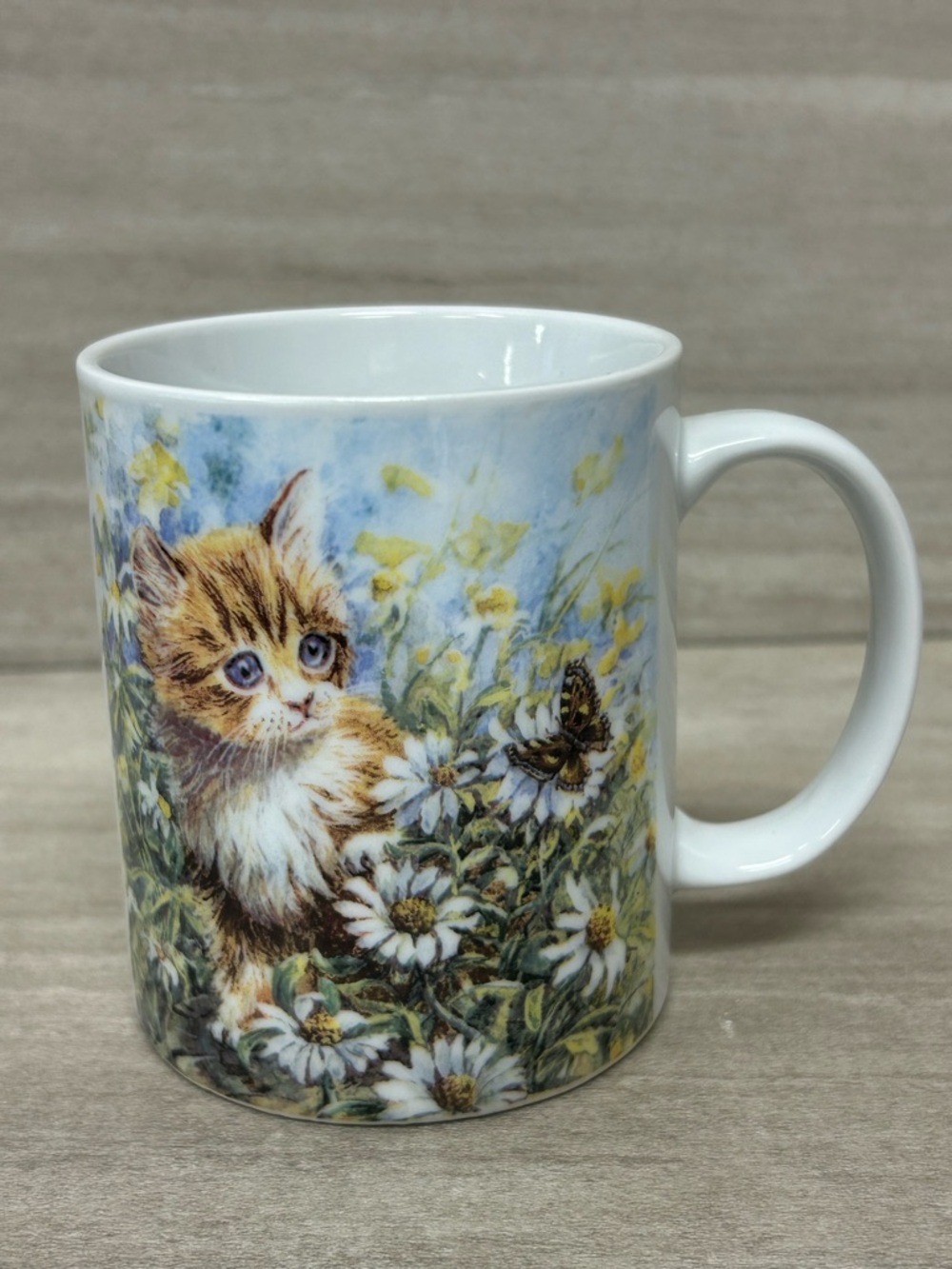 Cute Kitten with Butterfly Floral Ceramic Mug - Blue, White, Yellow
